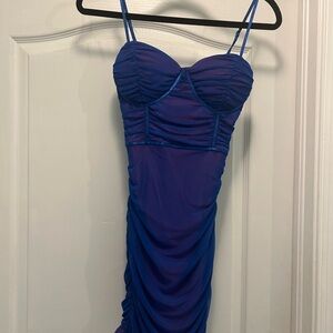 Blue Ruched mesh bustier mini dress